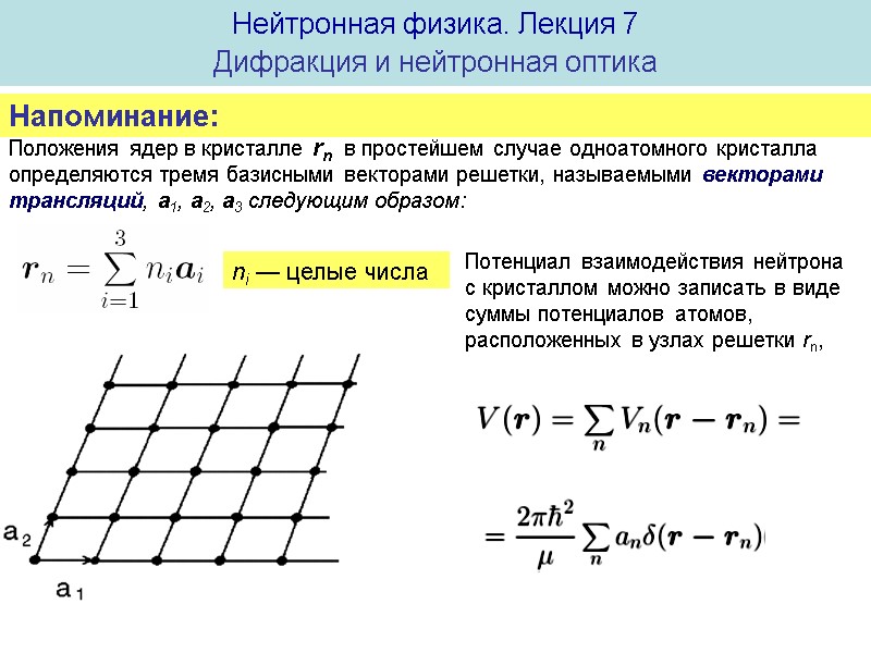Положения ядер в кристалле rn  в простейшем случае одноатомного кристалла определяются тремя базисными